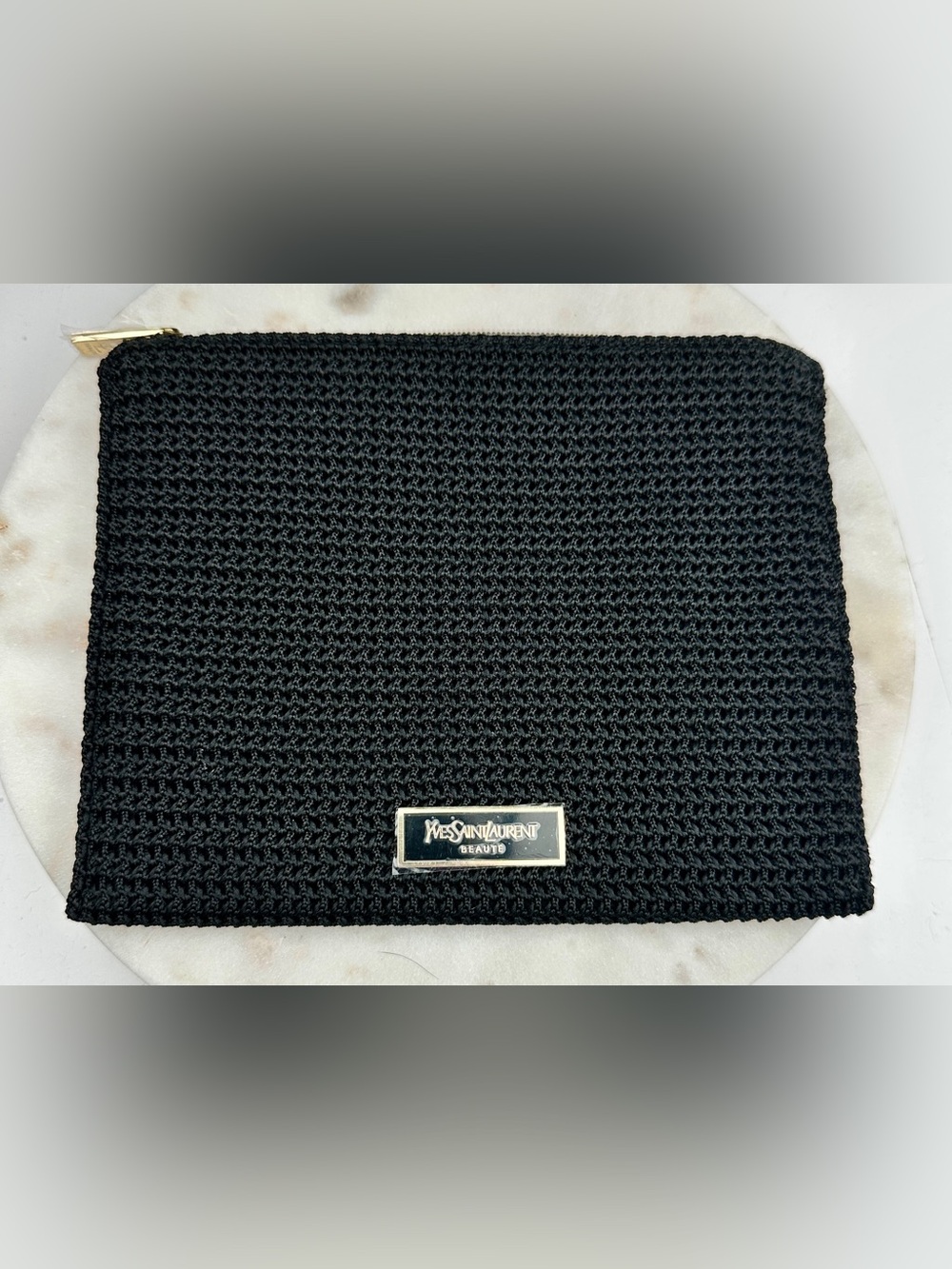 YSL Beauté Black Woven Cosmetic Pouch Gold Logo Zip Yves Saint Laurent NEW